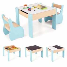 Juego de mesa y 2 sillas para niños de madera 4 en 1 azul para arte dibujo lectura y pizarra desmontable