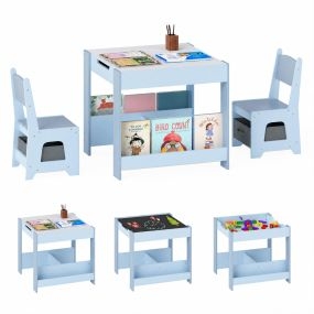 Conjunto de mesa y sillas para niños de madera azul con tapa reversible, estantes y cajones