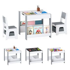 Conjunto de mesa y sillas para niños de madera gris con tapa reversible, estantes y cajones