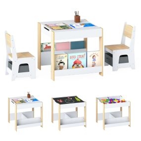 Conjunto de mesa y sillas para niños de madera natural con tapa reversible, estantes y cajones