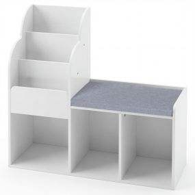 Estantería Infantil con Banco de 3 Niveles con 3 Compartimentos Abiertos y Cojín de Asiento para Dormitorio Sala de Juegos Blanco