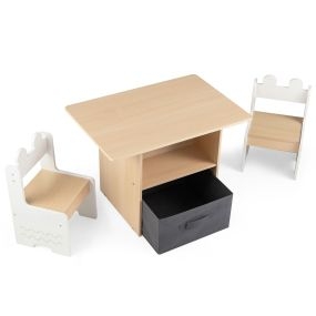 Juego de mesa y 2 sillas infantiles con cajones y compartimentos, plegables, blanco