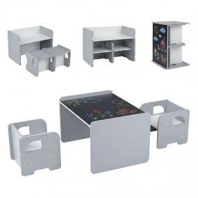 Juego de mesa y 2 sillas infantil con pizarra integrada elefante de madera gris 3+ años