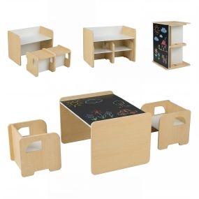 Juego de mesa y 2 sillas infantil con pizarra integrada y motivo elefante de madera natural para 3+ años
