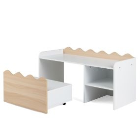 Escritorio infantil de madera natural con cajón, ruedas y estante abierto 89,5 x 40 x 45 cm natural y blanco