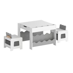 Mesa infantil con 2 sillas, tablero doble cara y cajones de tela, 66 x 64 x 48 cm, gris