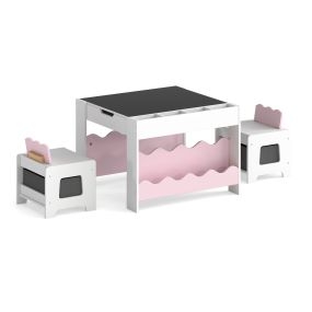 Juego de mesa infantil con tablero reversible y cajones de tela rosa 66 x 64 x 48 cm