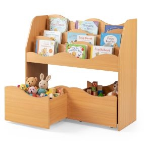 Mueble de almacenaje infantil con estante de libros y dos cajones con ruedas antivuelco natural
