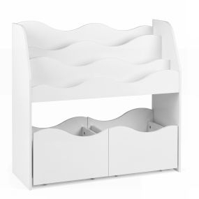 Mueble de almacenaje infantil blanco con estante de libros y dos cajones con ruedas antivuelco 82 x 30 x 76 cm