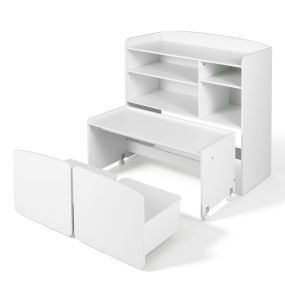 Conjunto de almacenaje infantil blanco con armario, mesa móvil y dos taburetes 90 x 40 x 94 cm