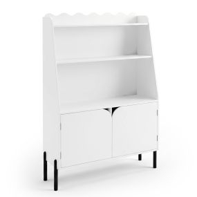 Mueble de almacenaje infantil blanco con estantes abiertos, 2 puertas y patas metálicas 80 x 30 x 121 cm