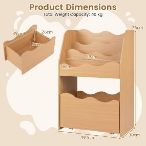 Mueble de almacenaje infantil natural con cajón y ruedas 49,5 x 30 x 76 cm