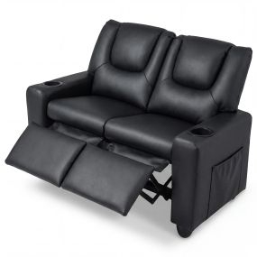 Sofá Infantil Doble de PU Reclinable con Portavasos y Reposapiés Resistente y Cómodo para Niños de 3+ Años 96 x 51,5 x 69 cm Negro