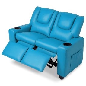 Sofá Infantil Doble de PU Reclinable con Portavasos y Reposapiés Fácil de Mantener Resistente para Niños de 3+ Años 96 x 51,5 x 69 cm Azul