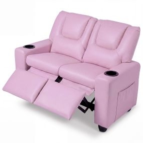 Sofá Infantil Doble de PU con Respaldo Reclinable y Portavasos y Reposapiés Suave para Niñas Pequeñas de 3+ Años 96 x 51,5 x 69 cm Rosa