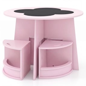 Juego de 5 piezas mesa redonda apilable con 4 taburetes de almacenamiento y pizarra infantil rosa