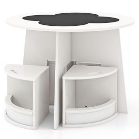 Juego de 5 piezas mesa redonda apilable con 4 taburetes de almacenamiento y pizarra infantil blanco