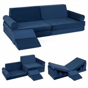 Sofá infantil modular 10 piezas plegable de felpa suave con fundas lavables azul marino