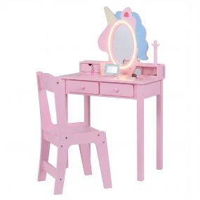 Tocador infantil unicornio con espejo LED, cajón, estantes y silla, rosa, 59 x 35 x 103 cm