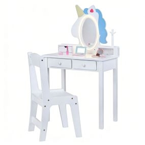 Tocador infantil unicornio con espejo LED, cajón, estantes y silla, blanco, 59 x 35 x 103,5 cm