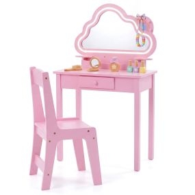 Juego de tocador infantil con espejo nube LED, cajón, estantes y silla, rosa, 59 x 35 x 103,5 cm