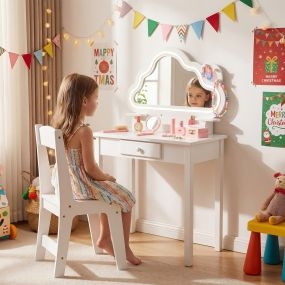 Tocador infantil con silla, espejo nube LED luz fría y cálida, MDF, blanco, 59 x 35 x 103,5 cm