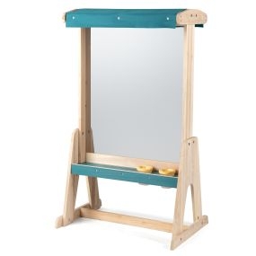 Caballete infantil de exterior de madera natural con borde verde y rollo de papel 65 x 44,5 x 110 cm
