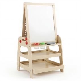 Caballete infantil de madera natural doble cara con pizarra y almacenaje inferior 51 x 48,5 x 91 cm