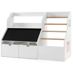Estantería infantil organizador multifunción con pizarra, cajones con ruedas y percheros 104 x 40 x 70 cm blanco