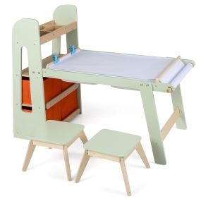 Mesa Infantil con Dos Taburetes y Estante Integrado Pizarra Doble Cara Almacenamiento para Niños de 3 Años 102 x 50,5 x 80 cm Verde