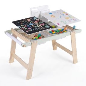 Mesa sensorial infantil de madera sólida, carga 50 kg, tableros doble cara, cajas, 91 x 51,5 x 74,5 cm, verde