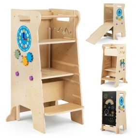 Torre de Aprendizaje Infantil Cuatro en Uno Madera Altura Ajustable Pizarra Tobogán Juguetes Engranajes Fuerte 57 x 52 x 90 cm Natural