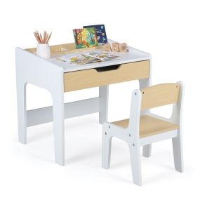 Juego de Mesa y Silla Infantil Diseño Bicolor con Cajón Grande para el Estudio de Los Niños Mesa 60 x 48 x 56 cm Madera Natural y Blanco