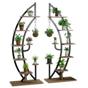 2 Estanterías Metálicas para Plantas 7 Niveles Soporte Curvado en Forma de Media Luna con Gancho para Flores Balcón 60 x 30 x 155 cm Natural