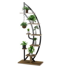Estantería Metálica para Plantas 7 Niveles Soporte Curvado en Forma de Media Luna con Gancho para Flores Balcón 60 x 30 x 155 cm Natural