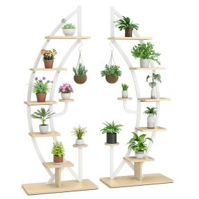 Juego de 2 Estanterías Metálicas para Plantas 7 Niveles Soporte Curvado en Forma de Media Luna con Gancho para Balcón 60x30x155 cm Blanco
