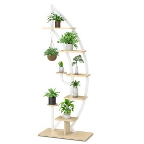 Estantería Metálica para Plantas 7 Niveles Soporte Curvado en Forma de Media Luna con Gancho para Flores Balcón 60 x 30 x 155 cm Blanco