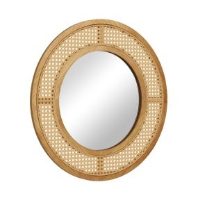 Espejo de Pared Redondo de Ratán con Marco de Madera de 65 cm con Vidrio de Aluminio Espejo Decorativo para Baño Salón Entrada Natural