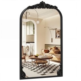 Espejo arqueado de pared 90 x 61 cm barroco vintage dorado con marco de metal negro