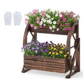 Jardín Elevado 2 Niveles Carreta de Madera Rústica con Drenaje y Semi-ruedas para Verduras y Hierbas Decorativo Interior y Exterior