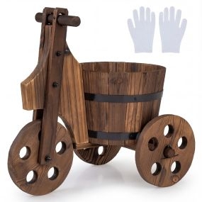 Jardinera de Triciclo Rústica de Madera Macetero Carro Barril con Orificio de Drenaje para Cultivo de Verduras Flores