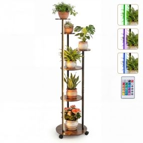 Soporte Plantas Esquinero 6 Niveles Ruedas Bloqueables Luces LED 16 Colores Mando Distancia Expositor Rodante Marrón Rústico