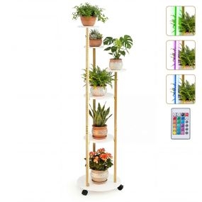 Soporte Plantas Esquinero 6 Niveles Ruedas Bloqueables Luces LED 16 Colores Mando Distancia Expositor Rodante Blanco