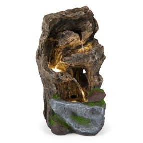 Fuente de Agua en Cascada de 4 Niveles con Iluminación LED y Bomba Estilo Rocoso con Musgo Artificial para Suelo/Mesa Salón Patio