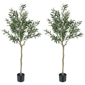 Juego de 2 Árboles de Olivo Artificial Altura 150 cm con 11 Ramas Cada Uno Decorativo para Interiores con Aspecto Natural con Maceta Verde