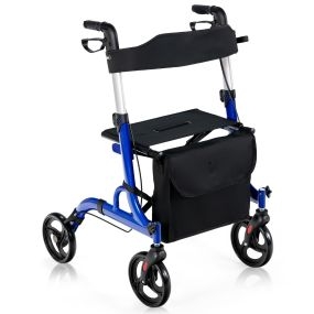 Andador rodante plegable 2 en 1 con asiento de aleación de aluminio, manijas ajustables y doble freno azul