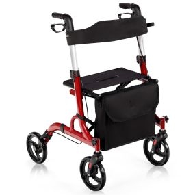Andador para ancianos 2 en 1 plegable con asiento, ruedas, altura ajustable y doble freno rojo