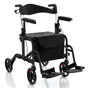 Andador 2 en 1 con Asiento Grande y Respaldo Reversible Plegable Manija Ajustable Freno de Mano Portaparaguas y Bolsa para Mayores Negro