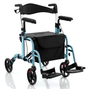 Andador 2 en 1 con Asiento Grande y Respaldo Reversible Plegable Manija Ajustable Freno de Mano Portaparaguas y Bolsa para Mayores Azul