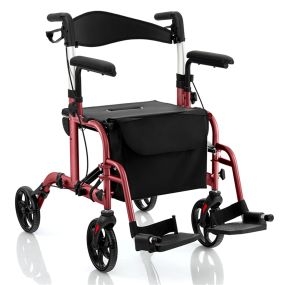 Andador 2 en 1 con Asiento Grande y Respaldo Reversible Plegable Manija Ajustable Freno de Mano Portaparaguas y Bolsa para Mayores Rojo